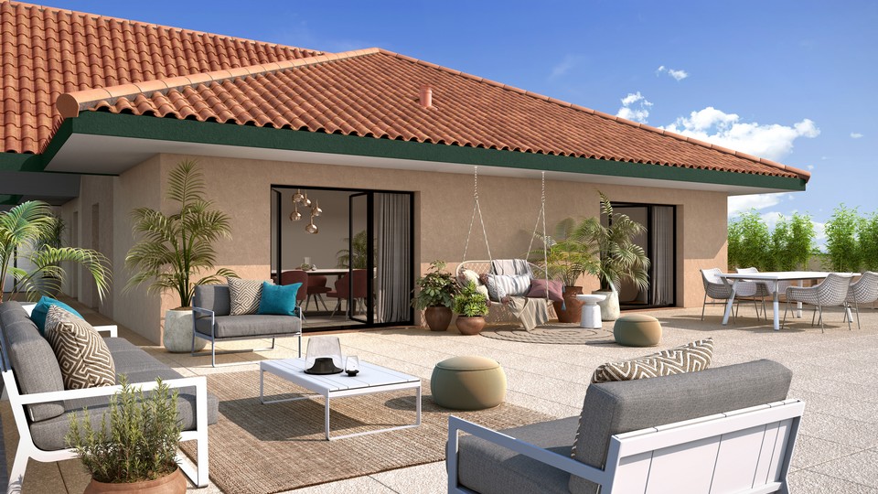 Programme immobilier neuf à Biscarosse (Landes) - Terrasse d'un appartement de la Villa Eugénie - Lamotte