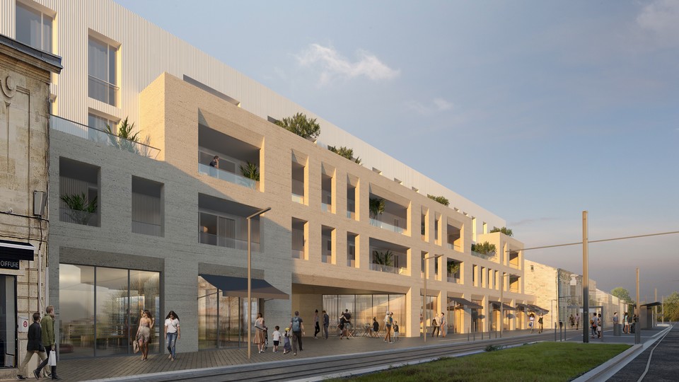 Aménagement de l'Îlot Barrière du Médoc au Bouscat (33) - Façade rue Libération - Lamotte