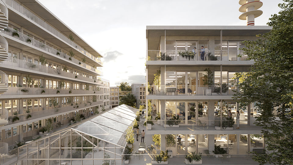 Programme immobilier tertiaire La Ruche à Rennes (35) - Travaux de construction - Vue des bureaux - Lamotte