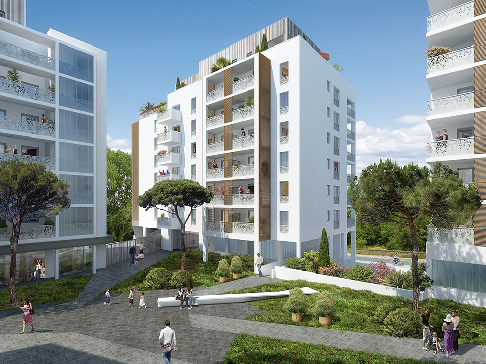 Pose de la première pierre du programme immobilier neuf Horizon Mermoz à Rennes Saint-Jacques-de-la-Lande (Ille-et-Vilaine) - Cour - Lamotte