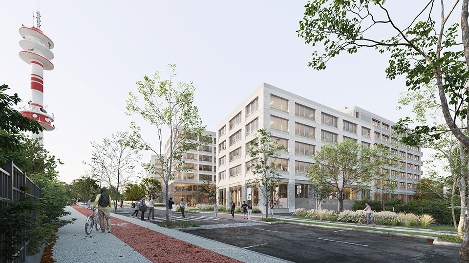 Référence - Programme immobilier tertiaire et mixte La Ruche à Rennes (35) - Vue d'angle - Groupe Lamotte