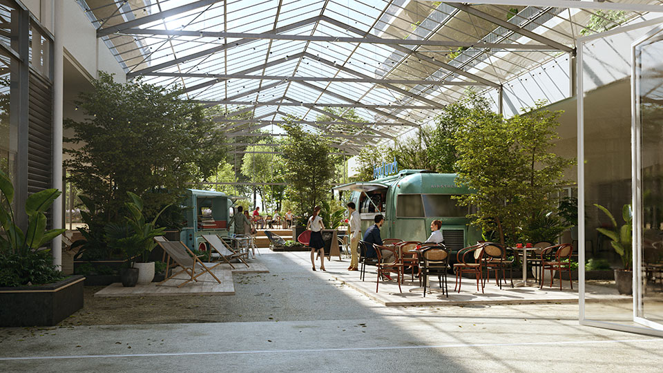 Référence - Programme immobilier tertiaire et mixte La Ruche à Rennes (35) - Halle couverte et zone de restauration - Groupe Lamotte