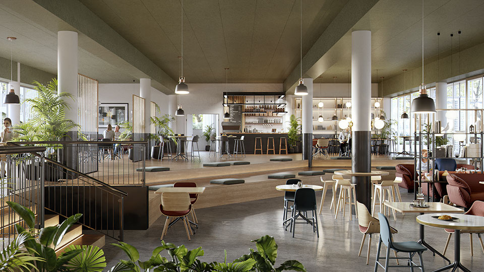 Référence - Programme immobilier tertiaire et mixte La Ruche à Rennes (35) - Espace lounge avec bar/restaurant - Groupe Lamotte