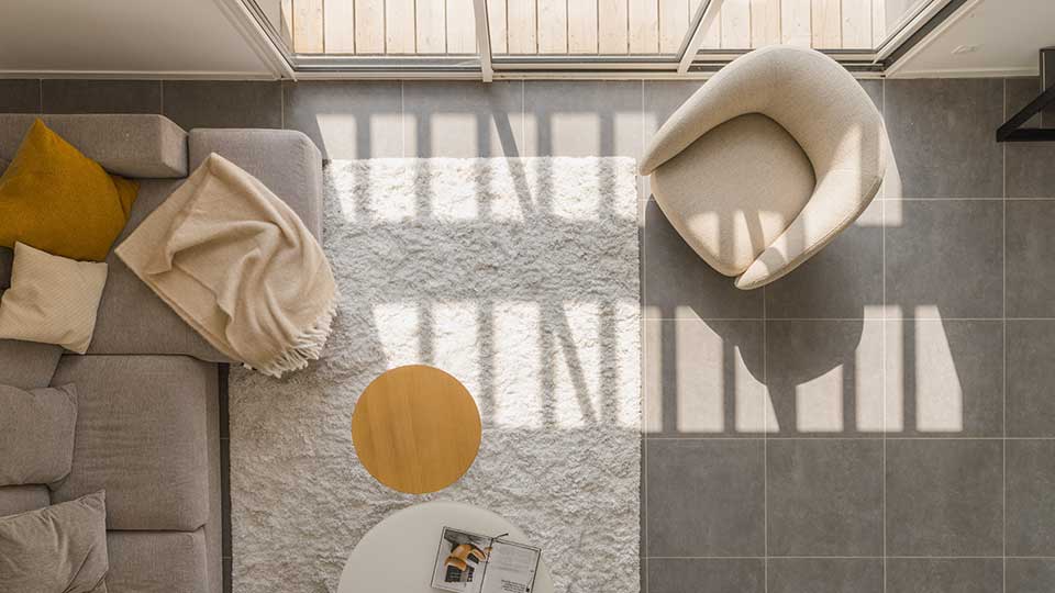 Programme immobilier neuf - Villas Andromède à Artigues-près-Bordeaux (33) - Vue plongée du salon - Lamotte