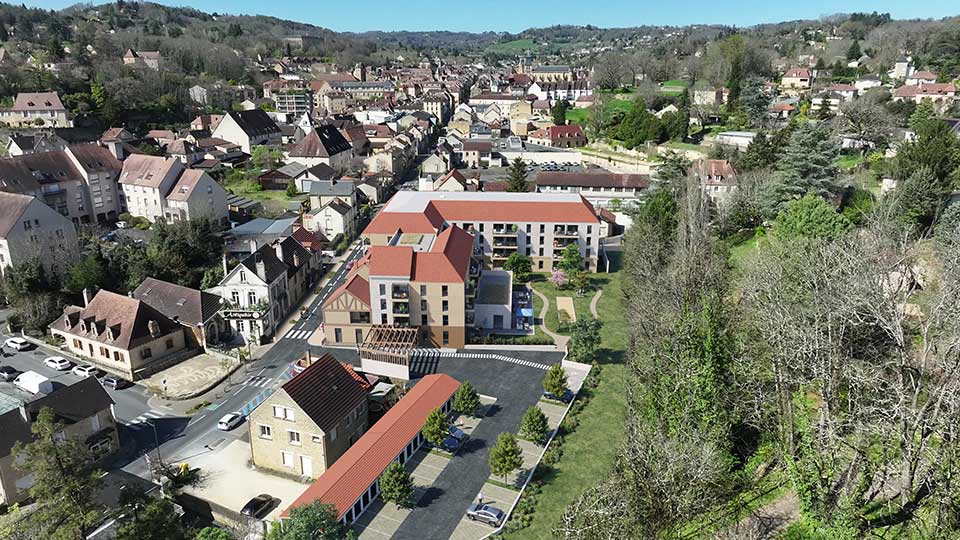 Résidence services seniors Espace et Vie - Les Jardins de la Boétie à Sarlat-la-Canéda (24) - Vue aérienne - Lamotte