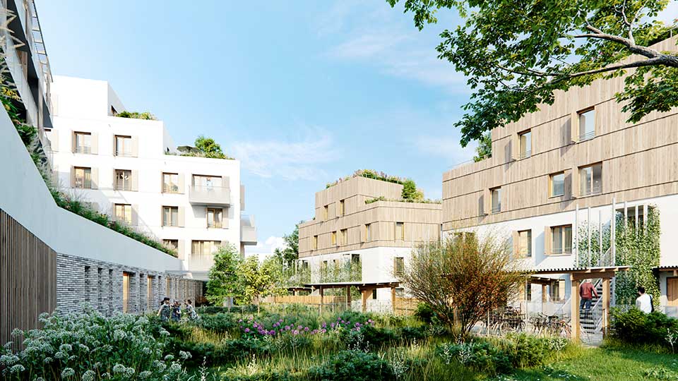 Programme immobilier neuf - La Forêt des Groues à Nanterre (92) - Vue du coeur d'îlot - Lamotte