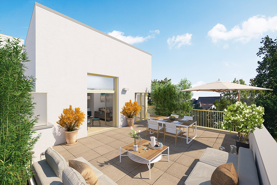Programme immobilier neuf - Les Quatre Saisons à Acigné (35) - Perspective de la terrasse - Lamotte