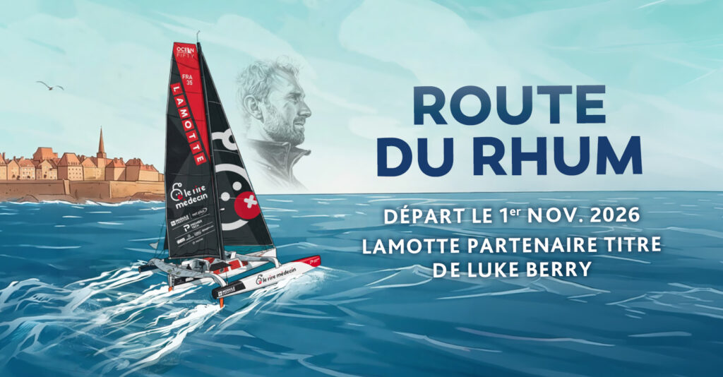 Visuel du Groupe Lamotte pour la Route du Rhum 2026, aux côtés de Luke Berry et du Rire Médecin
